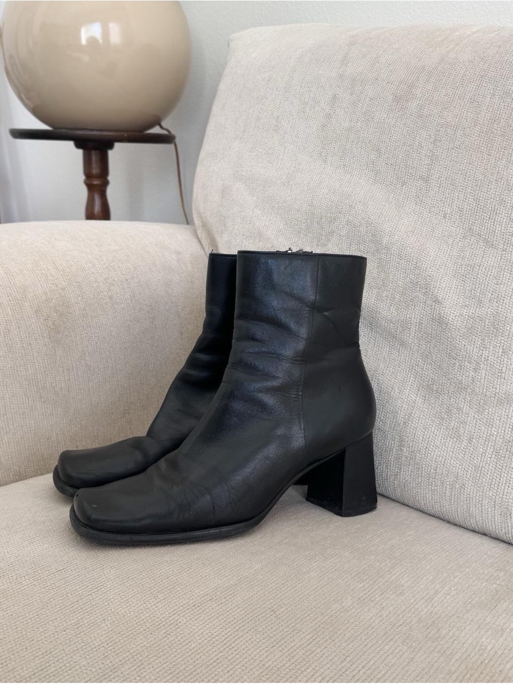 Vintage 90s Black Leather Ankle Boots 9 Square Chunky Heel Nine West - Picture 6 of 6
